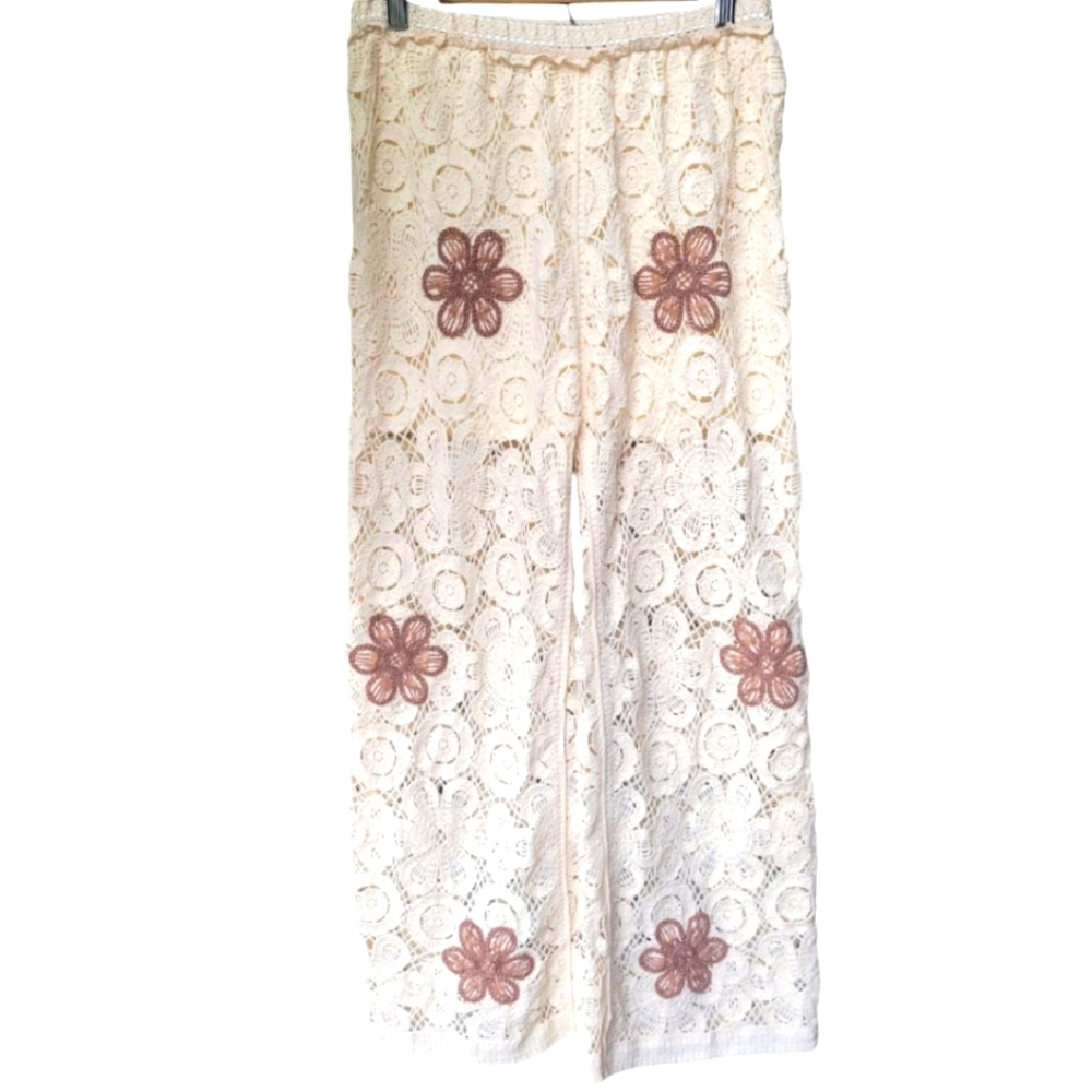 Sapphire Collection Cream Floral Wide Leg Pants Crochet Boho Size L